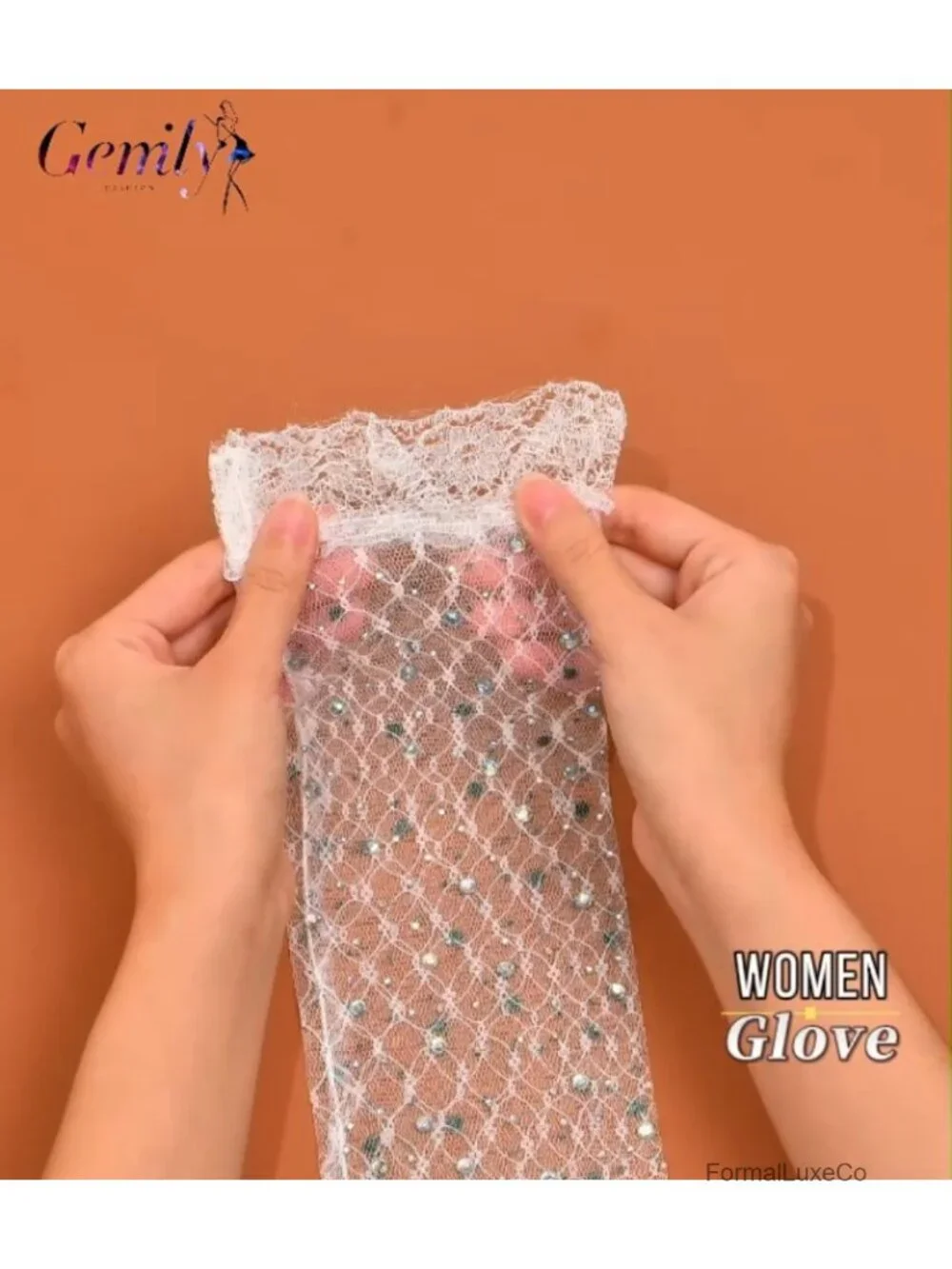 Long Lace Formal Gloves with Rhinestone Sparkly Glitter Costume Gloves